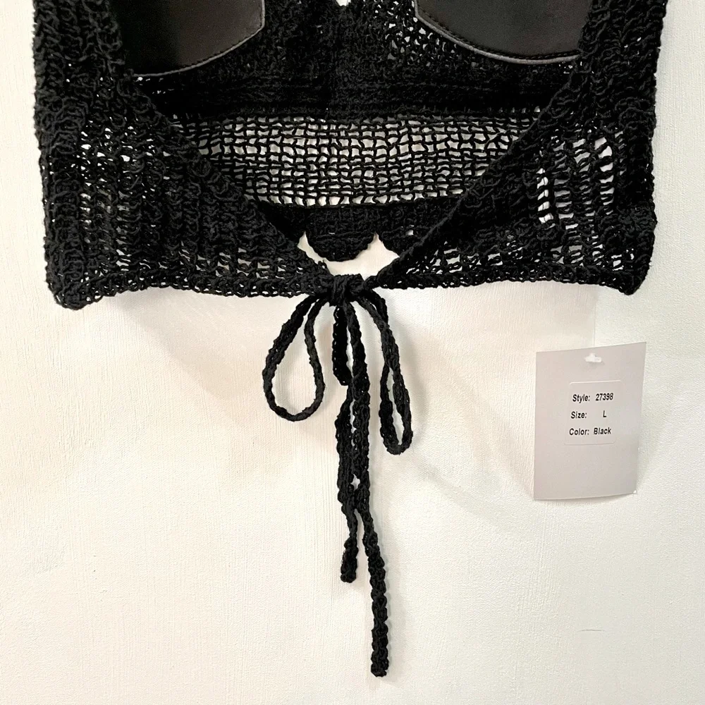 Boho Style Crochet Halter Top Bralette Black - Picture 5 of 13